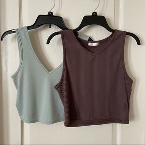 Ribbed Sleeveless Tops - Green and Brown